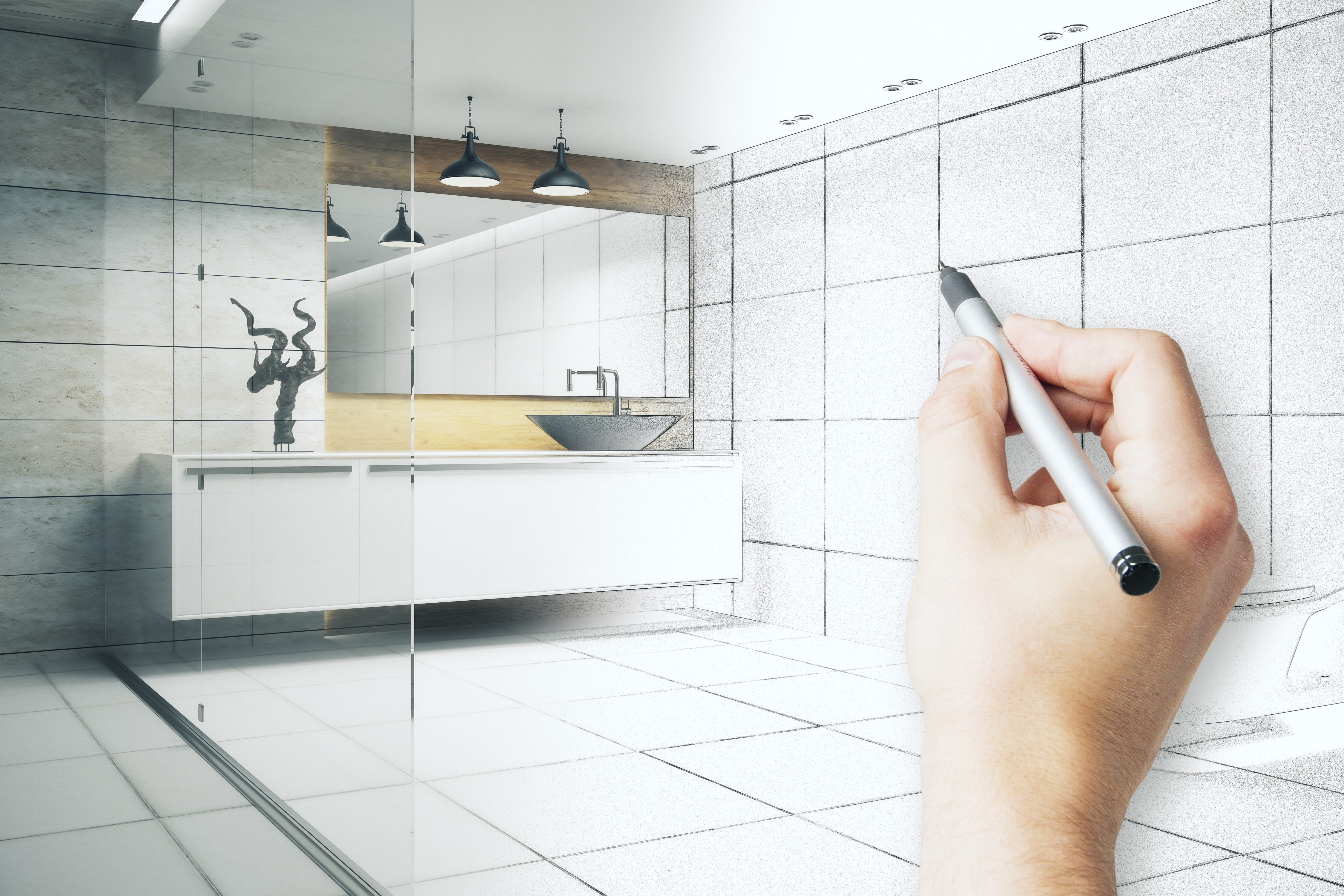 Hand drawing beautiful bathroom interior. Engineering concept. 3D Rendering